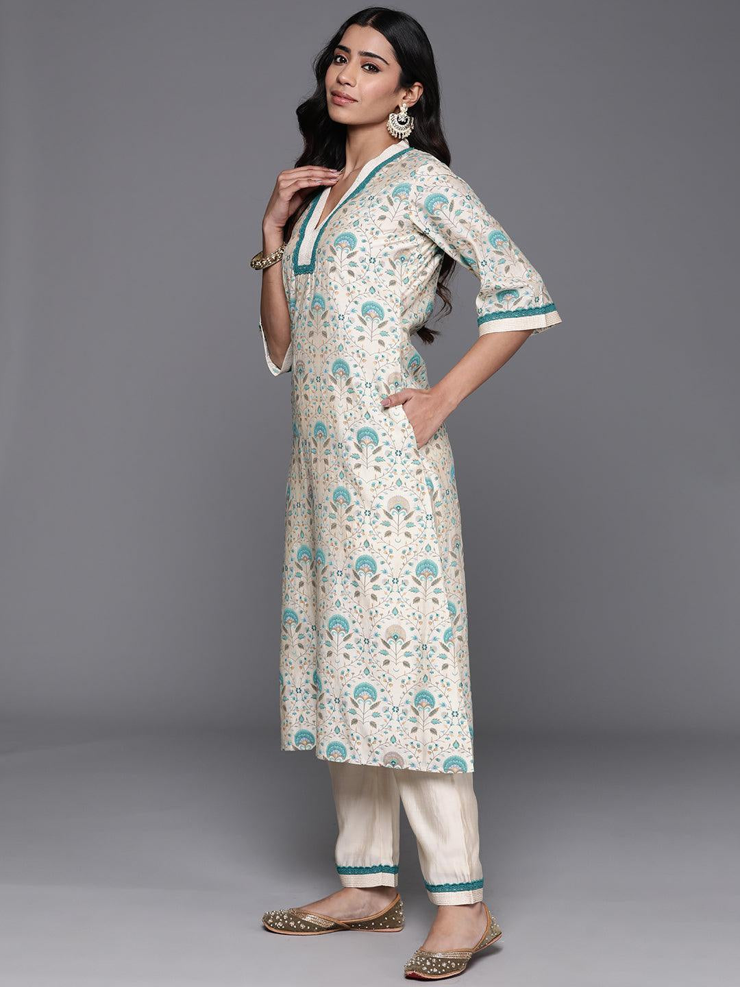 Beige Printed Chanderi Silk A-Line Kurta with Palazzos