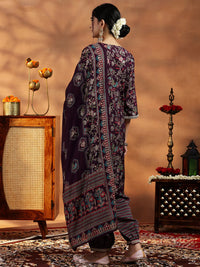 Wine Printed Silk Blend A-Line Kurta with Salwar & Dupatta