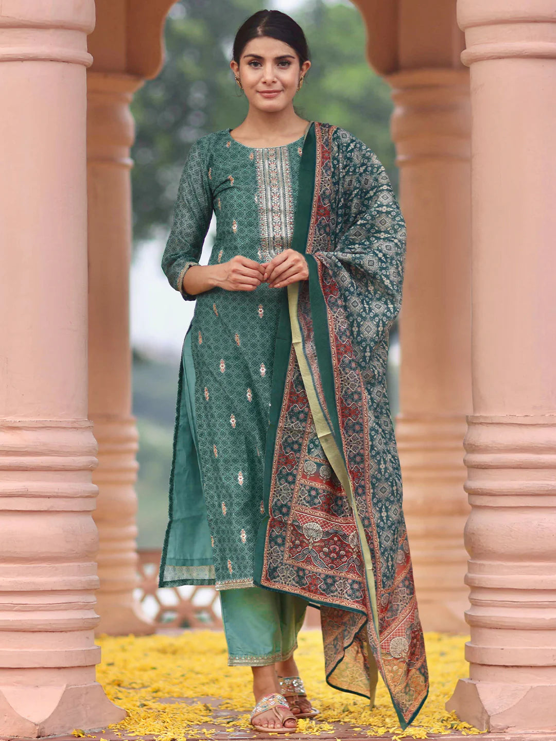 Teal Printed Silk Blend Straight Suit with Dupatta