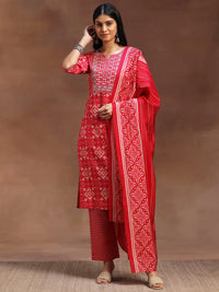 Pink Printed Silk Blend Straight Suit with Dupatta