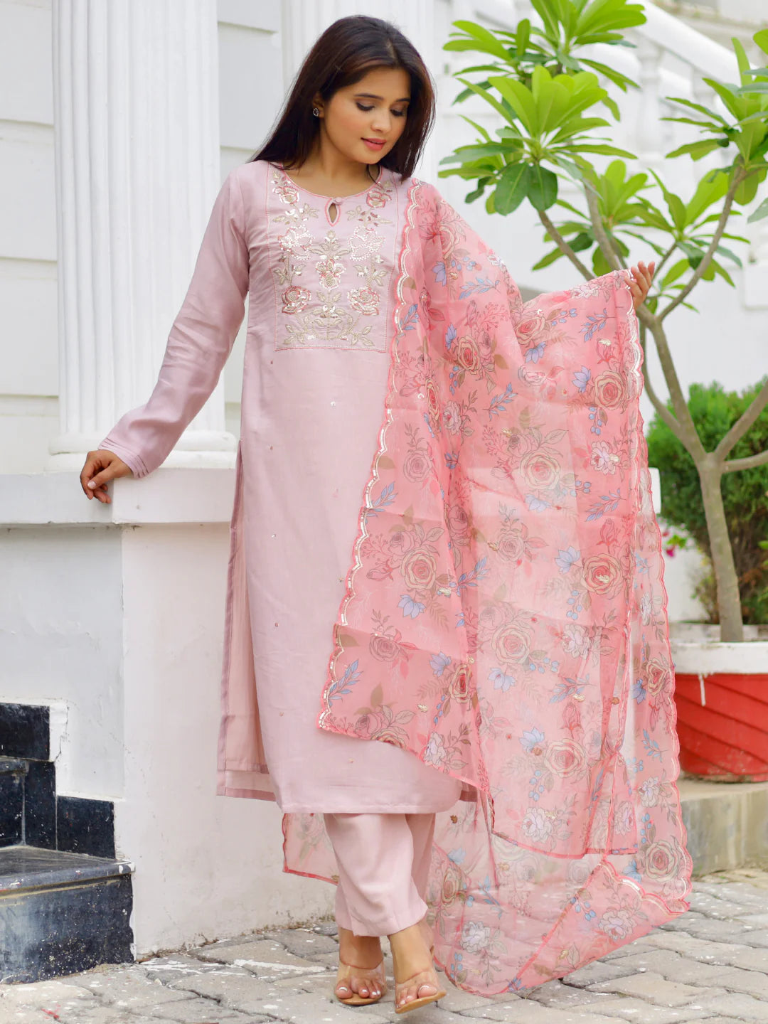 Peach Yoke Design Silk Blend Straight Suit with Dupatta