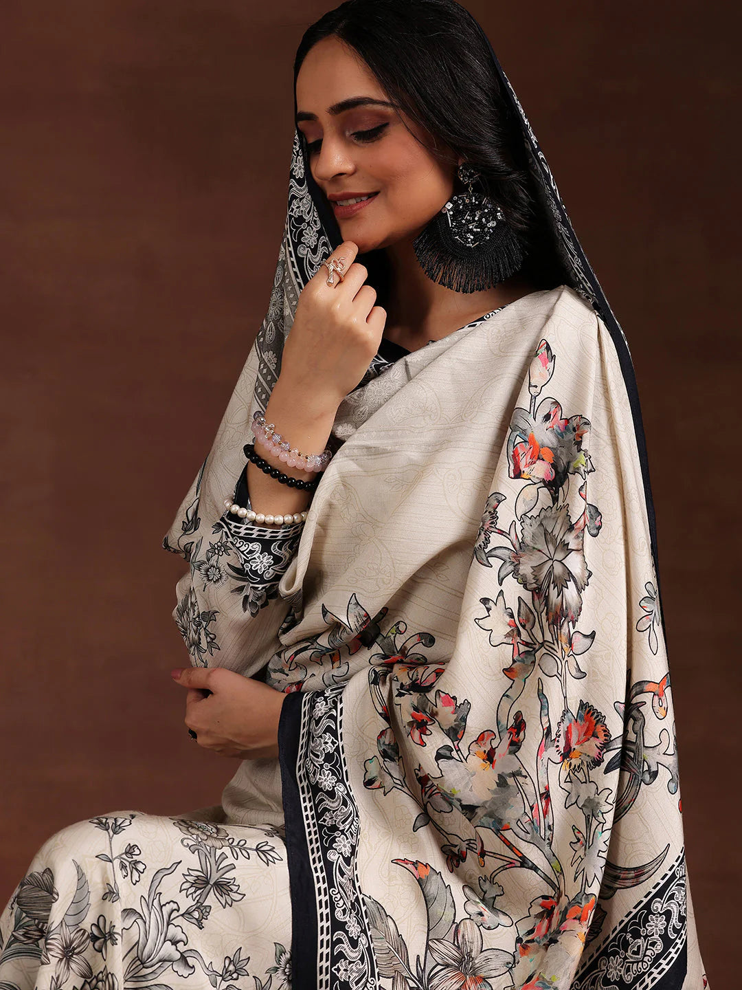 Monochrome Printed Silk Blend Straight Suit with Dupatta
