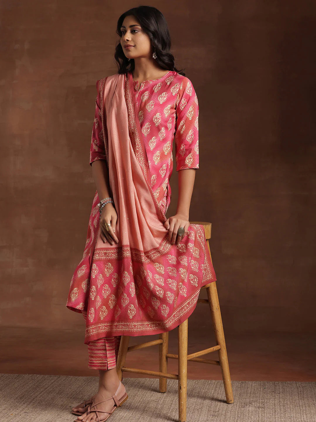 Pink Printed Silk Blend Straight Suit with Dupatta