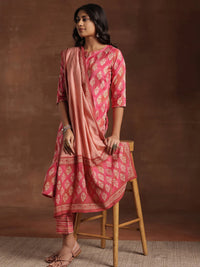 Pink Printed Silk Blend Straight Suit with Dupatta