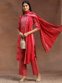 Pink Printed Silk Blend Straight Suit with Dupatta