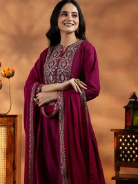 Maroon Yoke Design Silk Blend A-Line Kurta with Palazzos & Dupatta