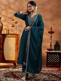 Teal Yoke Design Silk Blend Straight Suit with Dupatta