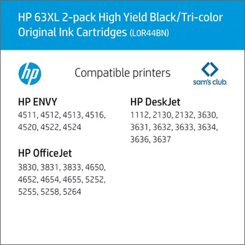 HP 63XL, L0R44BN High-Yield Original Ink Cartridges, Black/Tri-Color 2 Pk.