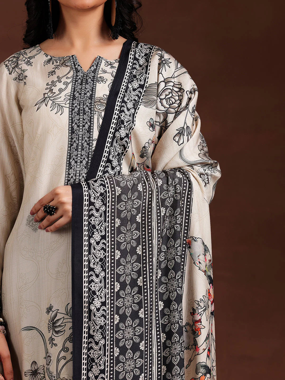 Monochrome Printed Silk Blend Straight Suit with Dupatta