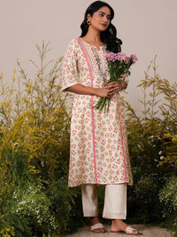 Beige Printed Chanderi Silk A-Line Kurta with Palazzos