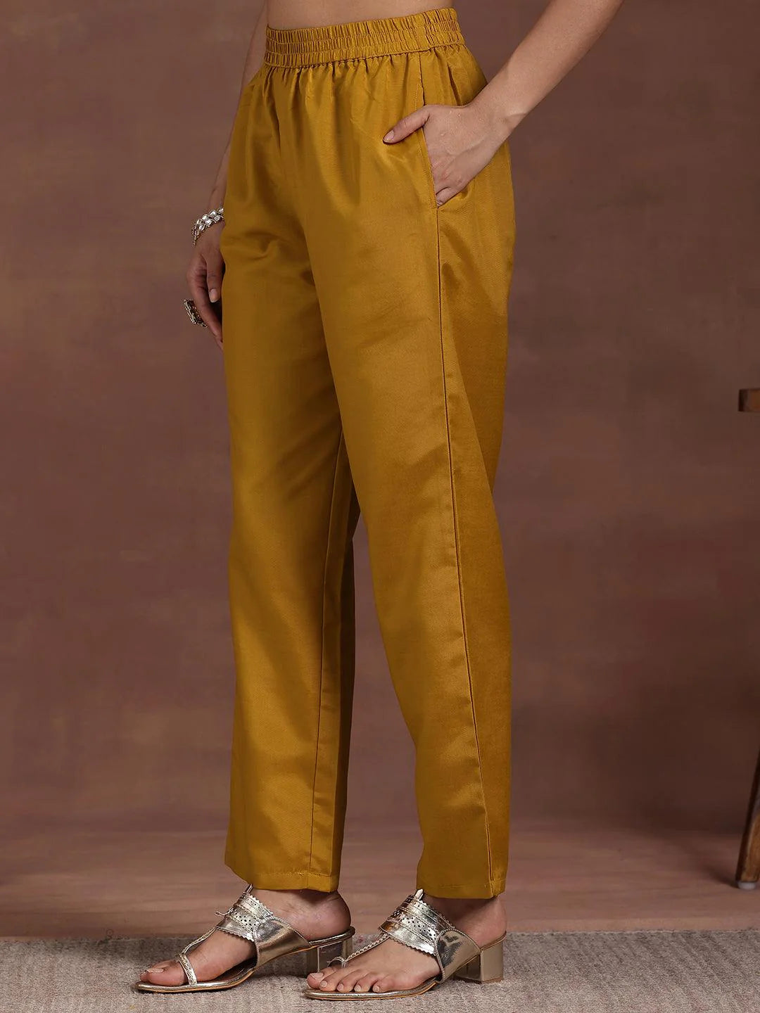 Mustard Printed Silk Blend Straight Suit with Dupatta