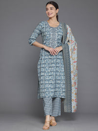 Grey Printed Silk Blend Straight Suit with Dupatta