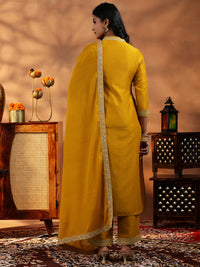 Mustard Yoke Design Silk Blend A-Line Kurta with Palazzos & Dupatta