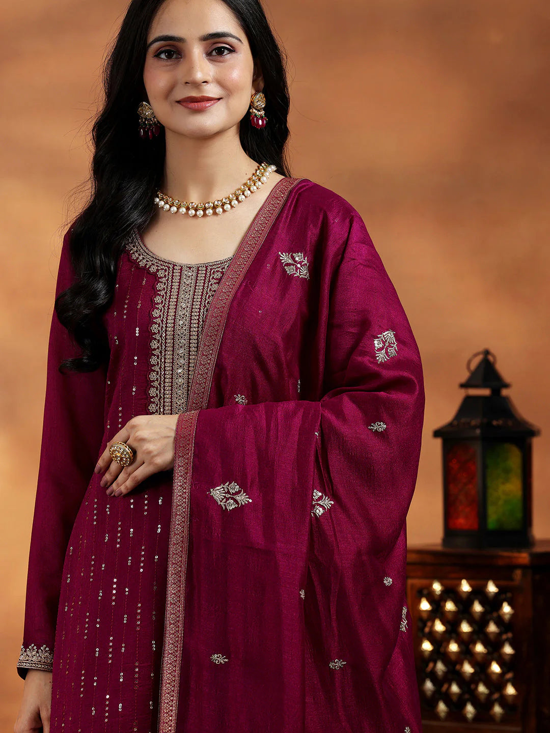 Maroon Embroidered Silk Blend Straight Suit with Dupatta