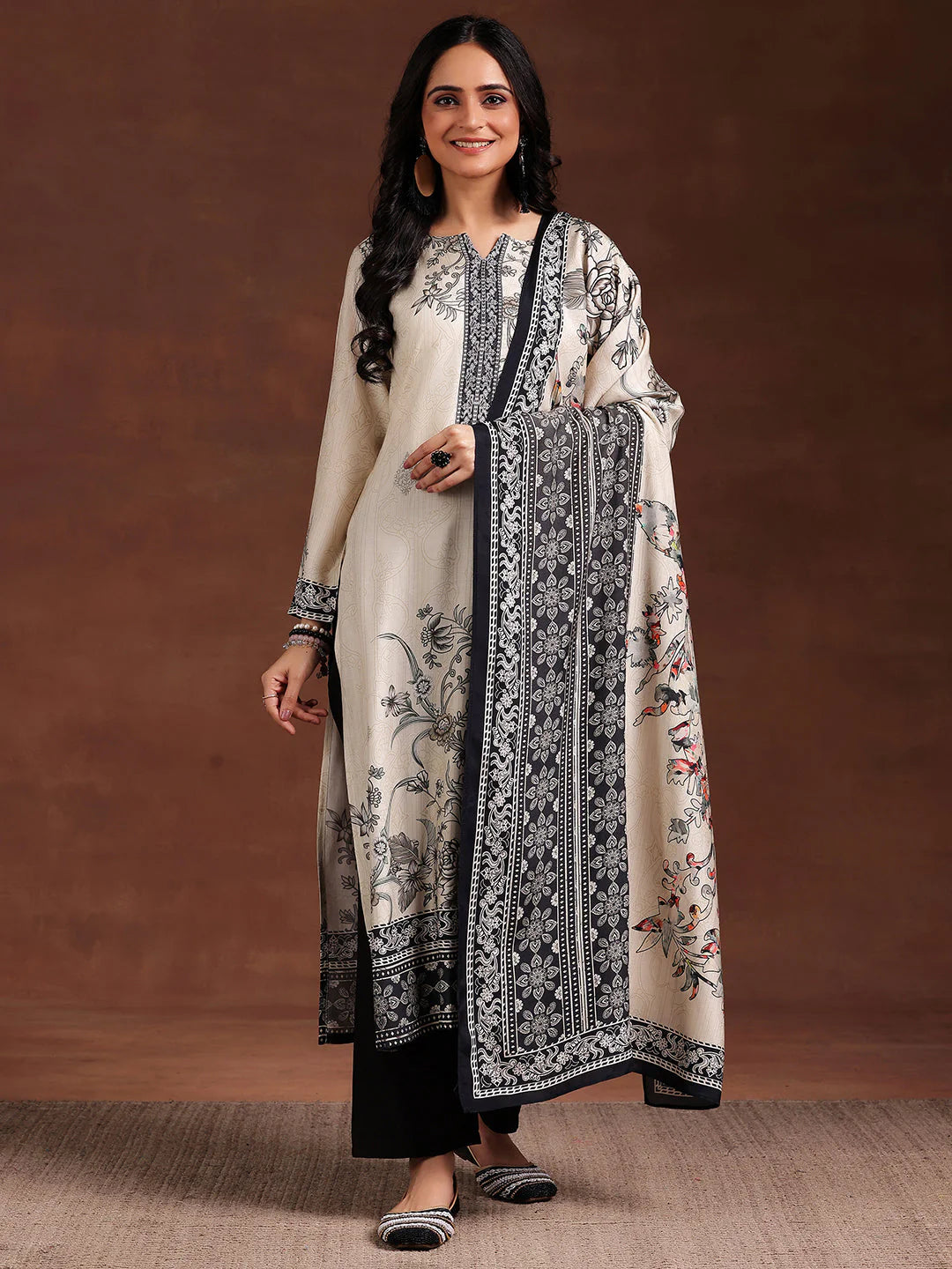Monochrome Printed Silk Blend Straight Suit with Dupatta
