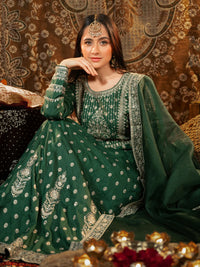 Libas Art Bottle Green Embroidered Silk A-Line Kurta with Trousers & Dupatta