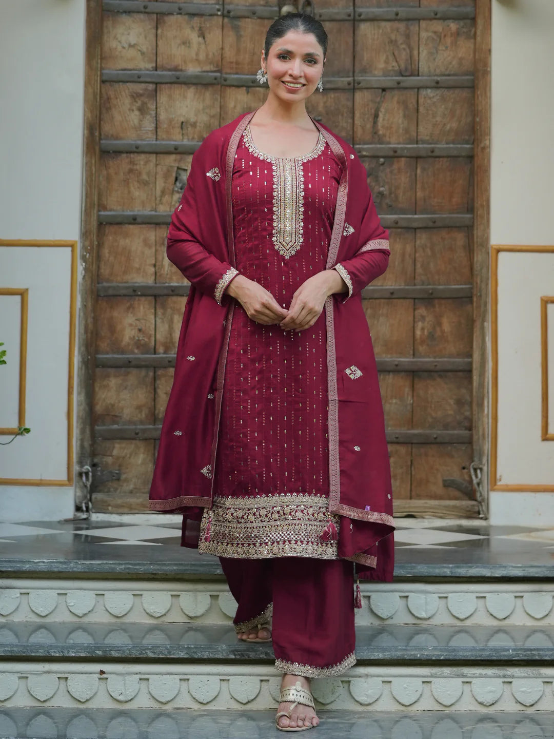 Maroon Embroidered Silk Blend Straight Suit with Dupatta
