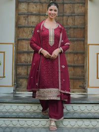 Maroon Embroidered Silk Blend Straight Suit with Dupatta