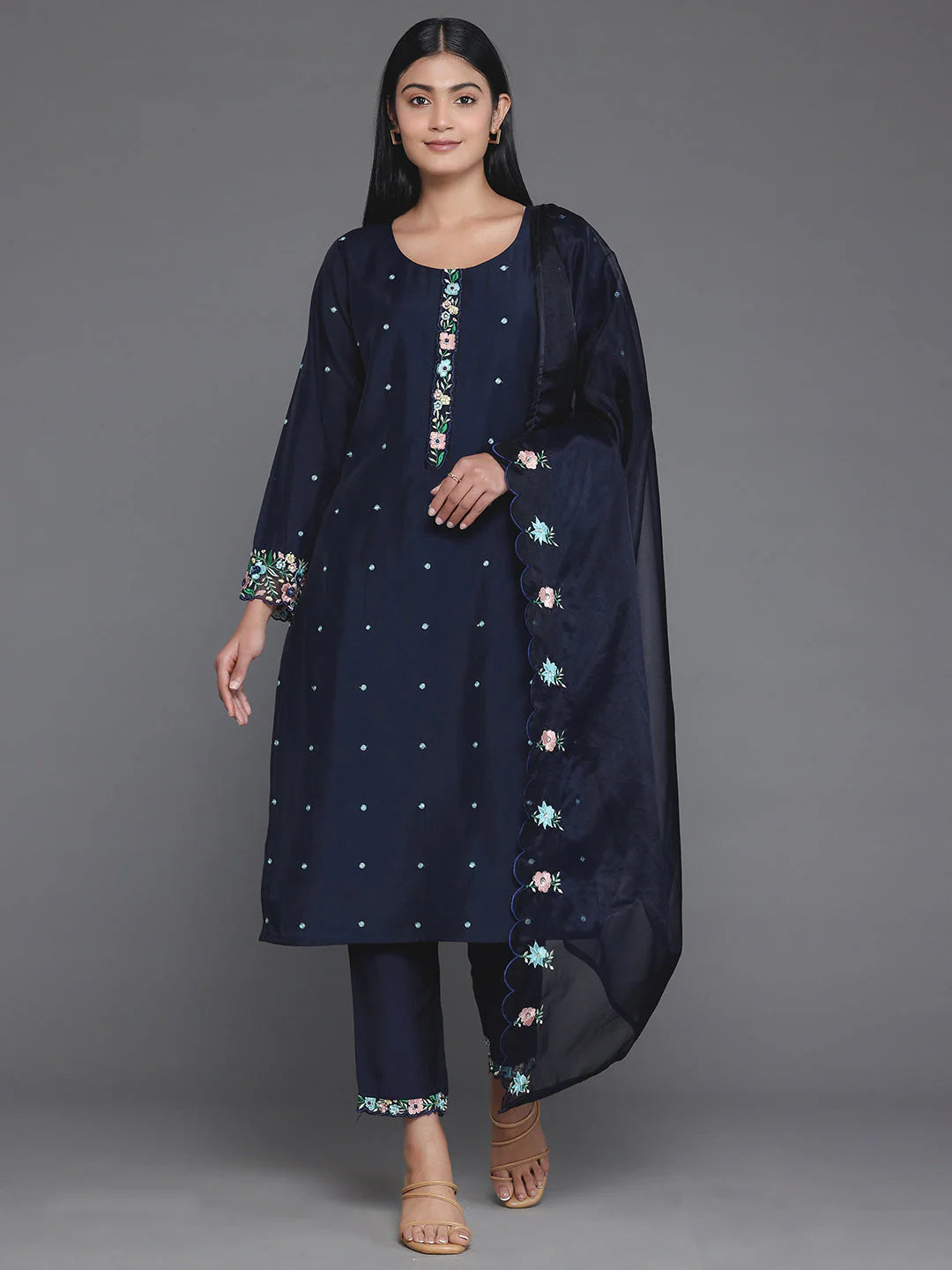 Blue Embroidered Silk Blend Straight Suit with Dupatta