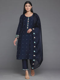 Blue Embroidered Silk Blend Straight Suit with Dupatta