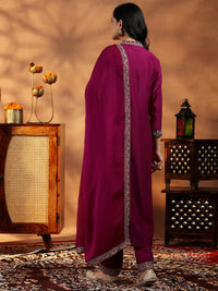 Maroon Yoke Design Silk Blend A-Line Kurta with Palazzos & Dupatta
