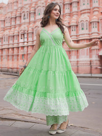 The Kiara Cut Green Self Design Cotton Anarkali Kurta with Trousers