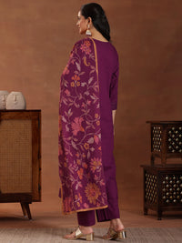 Wine Embroidered Cotton Straight Suit with Dupatta