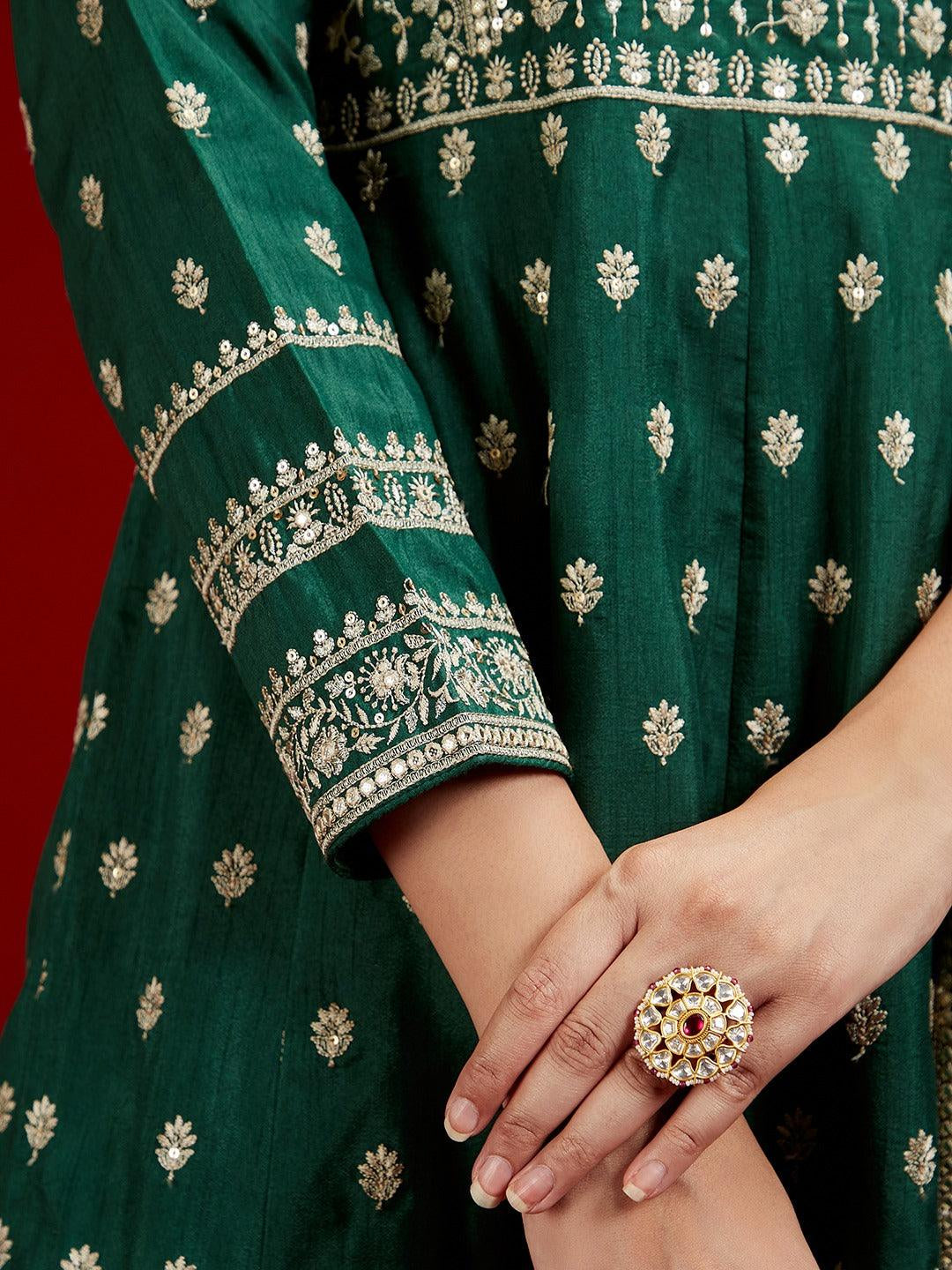 Libas Art Bottle Green Embroidered Silk A-Line Kurta with Trousers & Dupatta