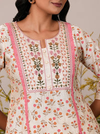 Beige Printed Chanderi Silk A-Line Kurta with Palazzos