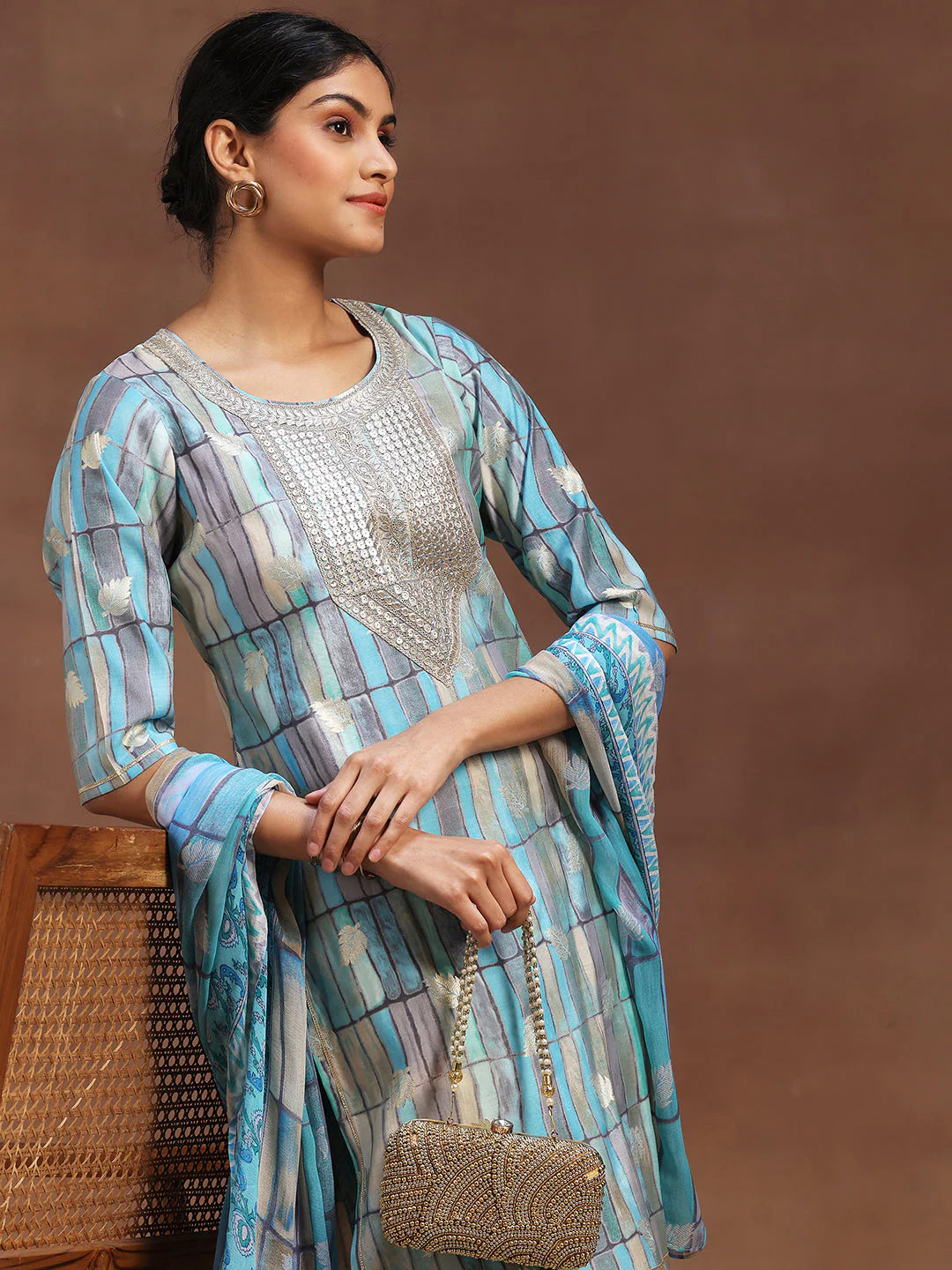 Blue Printed Silk Blend Straight Suit with Dupatta