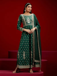 Libas Art Bottle Green Embroidered Silk A-Line Kurta with Trousers & Dupatta