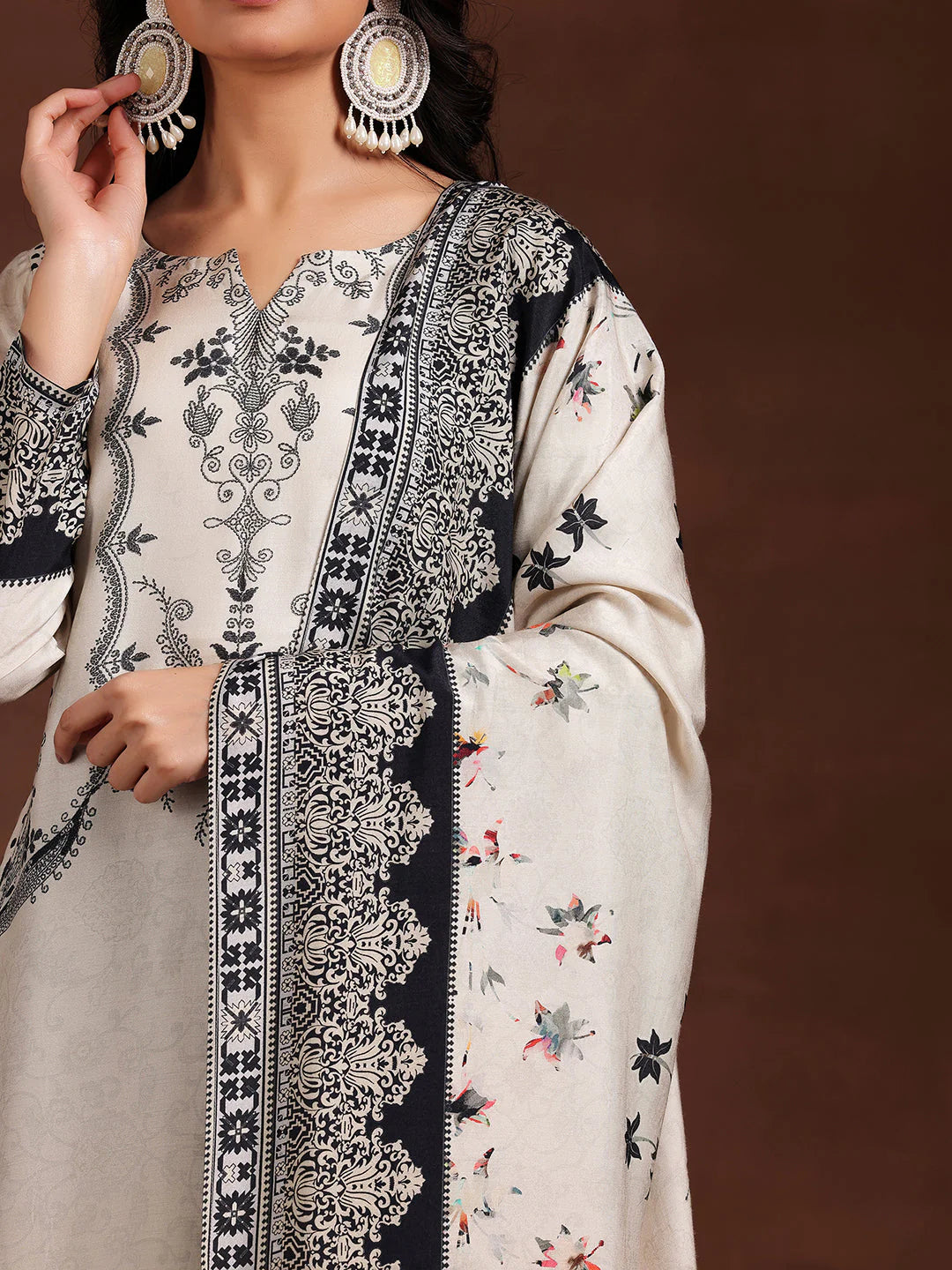 Monochrome Printed Silk Blend Straight Suit with Dupatta
