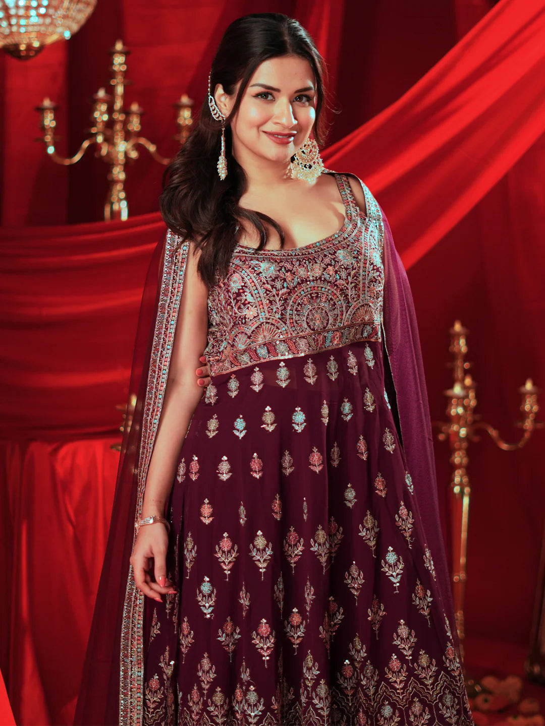 Surkh Libas Art Wine Embroidered Georgette A-Line Kurta with Palazzos & Dupatta