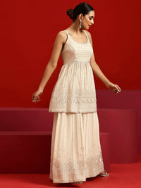 Libas Art Beige Embroidered Georgette A-Line Kurta with Palazzos & Dupatta