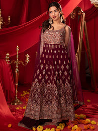 Surkh Libas Art Wine Embroidered Georgette A-Line Kurta with Palazzos & Dupatta