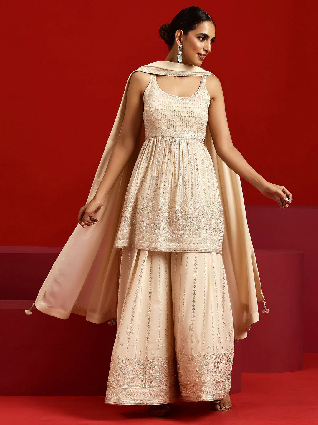 Libas Art Beige Embroidered Georgette A-Line Kurta with Palazzos & Dupatta