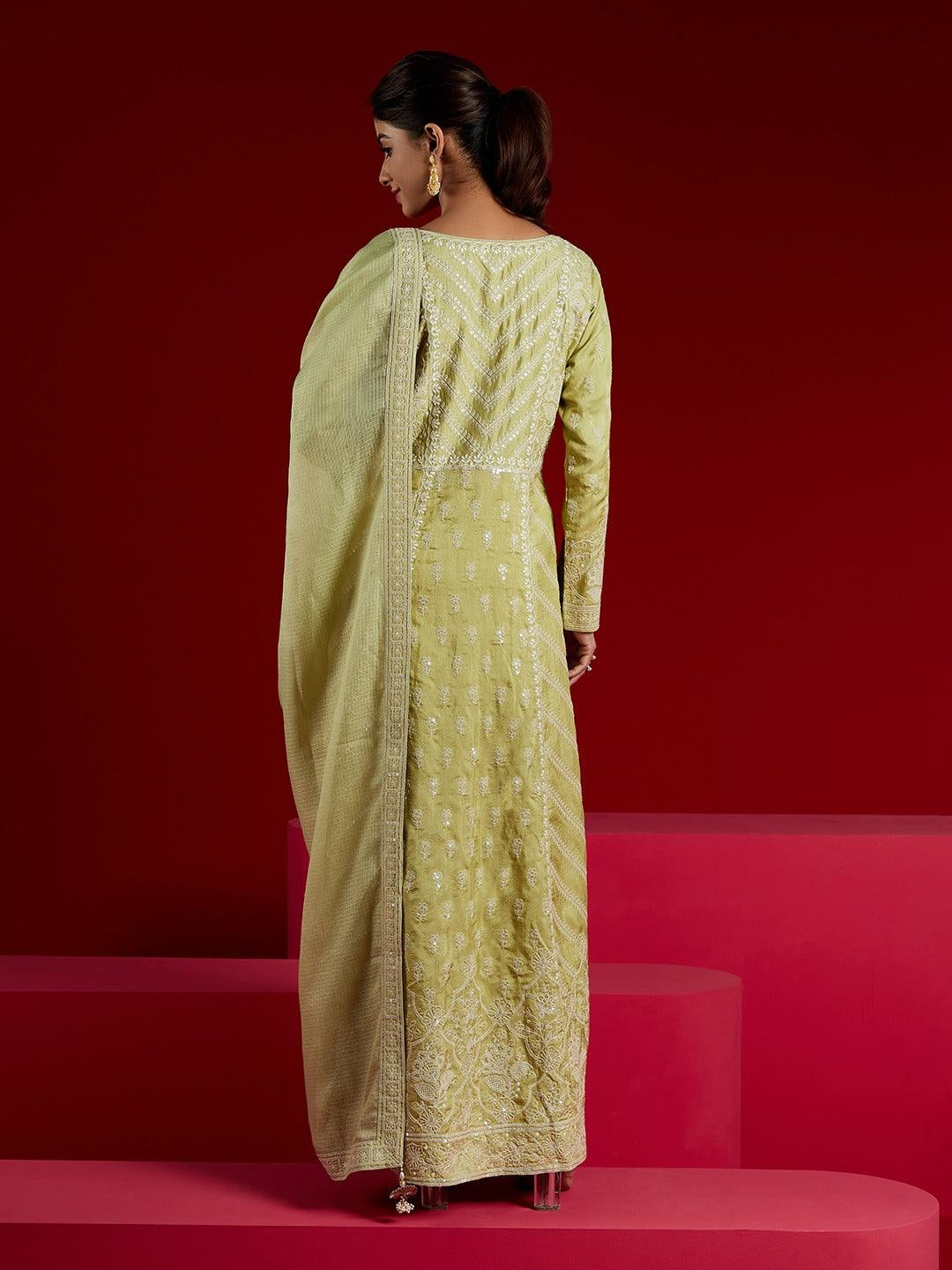 Libas Art Green Embroidered Silk A-Line Kurta with Trousers & Dupatta