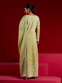 Libas Art Green Embroidered Silk A-Line Kurta with Trousers & Dupatta