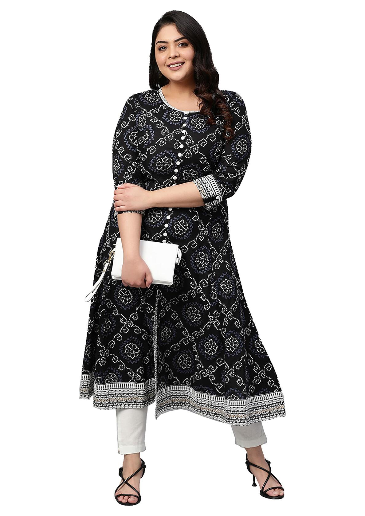 Yash Gallery Women's  Plus Size Cotton Bandhej Print Anarkali Kurta (Black)