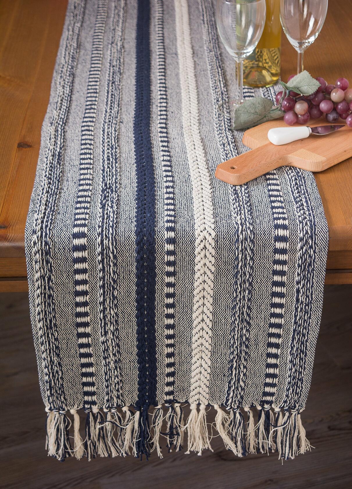 DII Farmhouse Braided Stripe Table Runner Collection, 15x72 (15x77, Fringe Included), Navy Blue