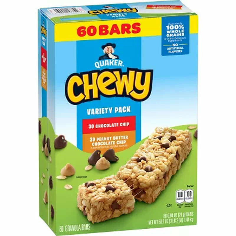 Quaker Chewy Variety Pack, Chocolate Chip and Peanut Butter Chocolate Chip 60 Ct.