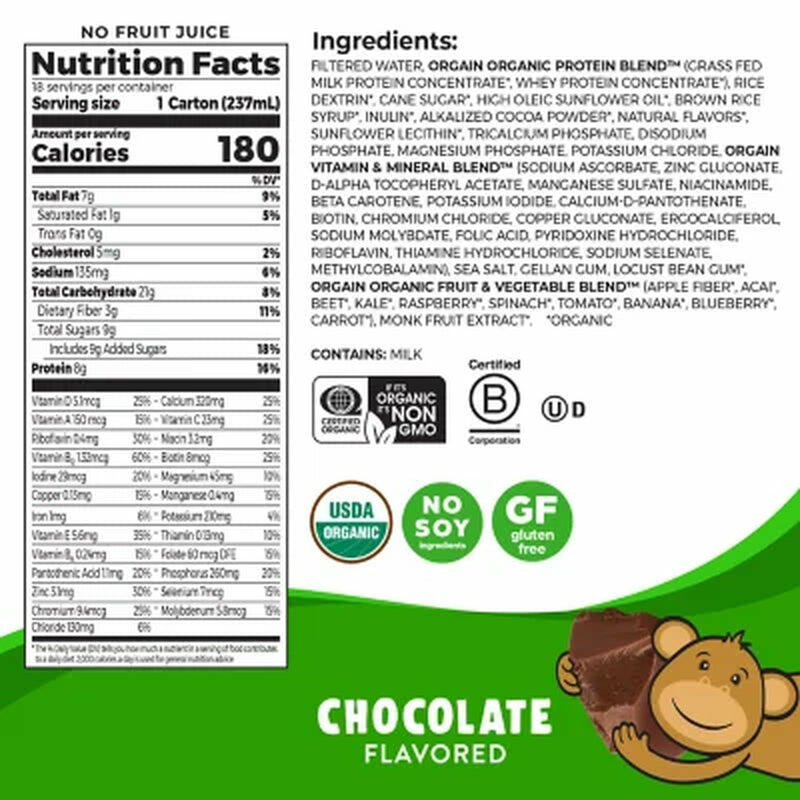 Orgain Kids Organic Grass Fed 8G Protein Nutritional Shake Chocolate, 18 Ct.