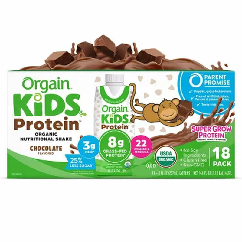Orgain Kids Organic Grass Fed 8G Protein Nutritional Shake Chocolate, 18 Ct.