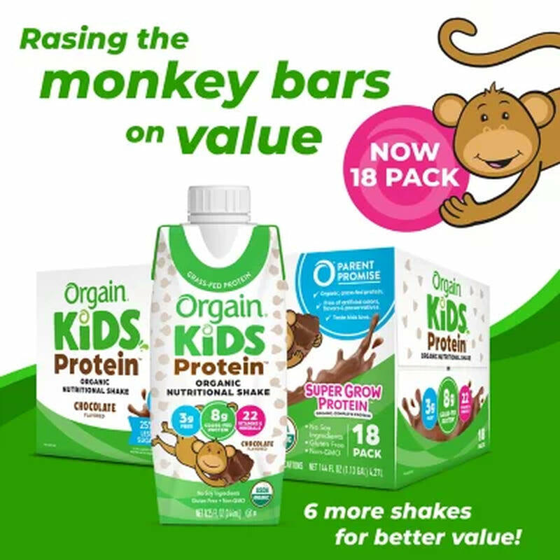 Orgain Kids Organic Grass Fed 8G Protein Nutritional Shake Chocolate, 18 Ct.