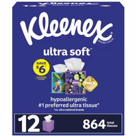 Kleenex Ultra Soft Hypoallergenic 3-Ply Facial Tissues 12 Cube Boxes, 72 Tissues/Box