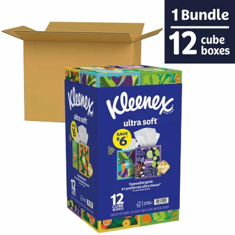 Kleenex Ultra Soft Hypoallergenic 3-Ply Facial Tissues 12 Cube Boxes, 72 Tissues/Box