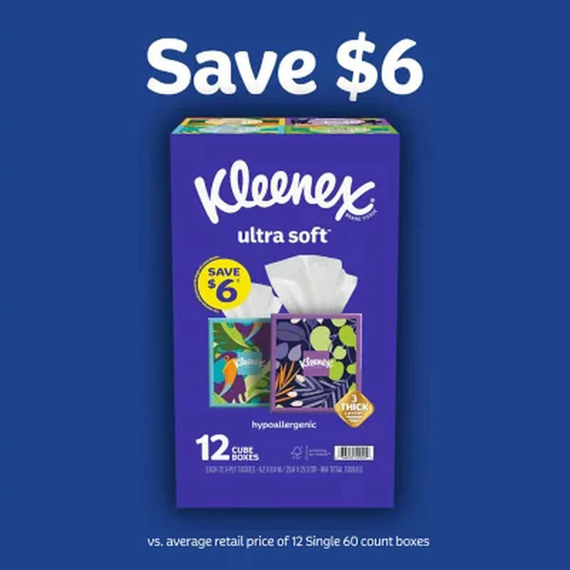 Kleenex Ultra Soft Hypoallergenic 3-Ply Facial Tissues 12 Cube Boxes, 72 Tissues/Box