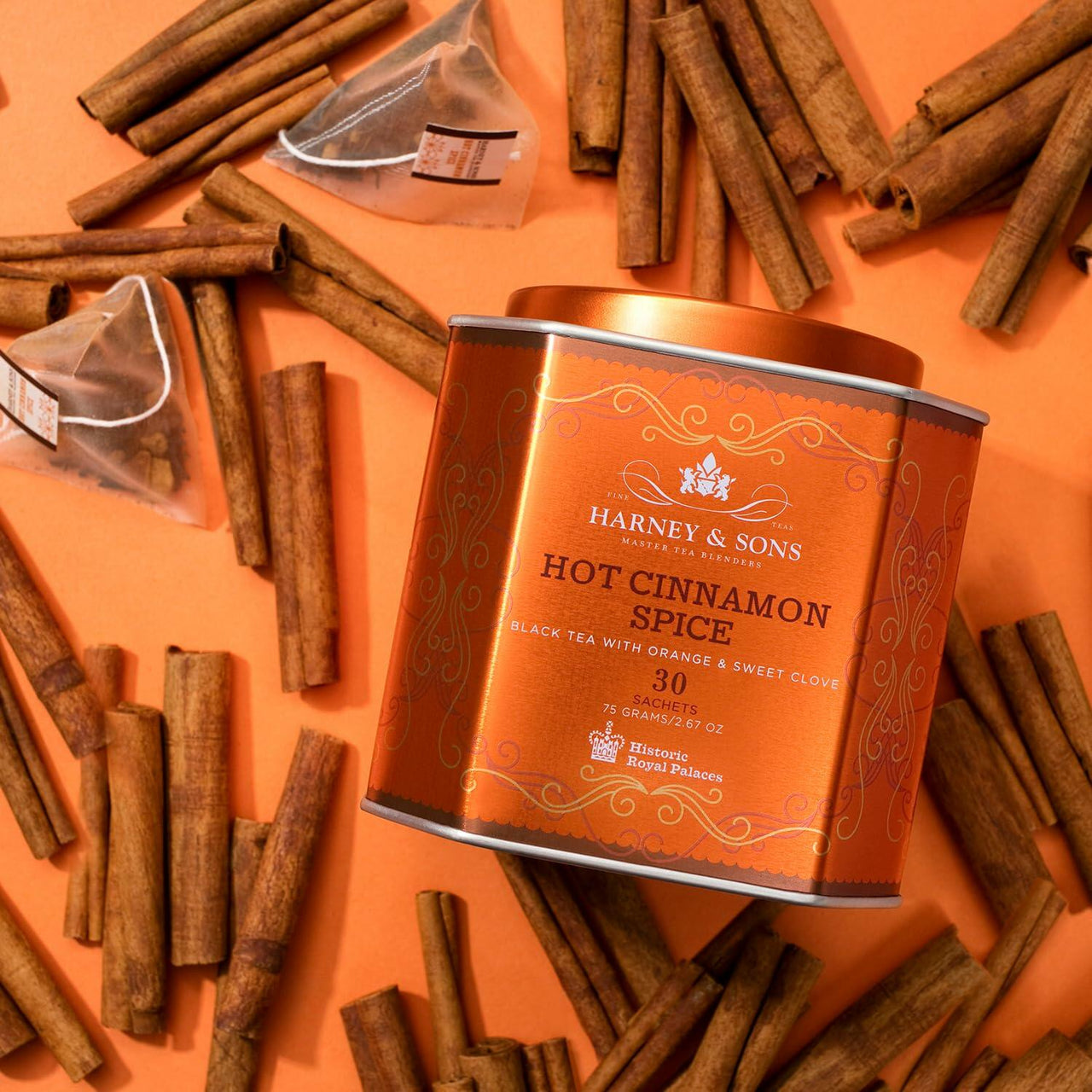 Harney & Sons Hot Cinnamon Spice Tea Tin - Black Tea with Orange & Sweet Clove - 2.67 Ounces, 30 Sachets