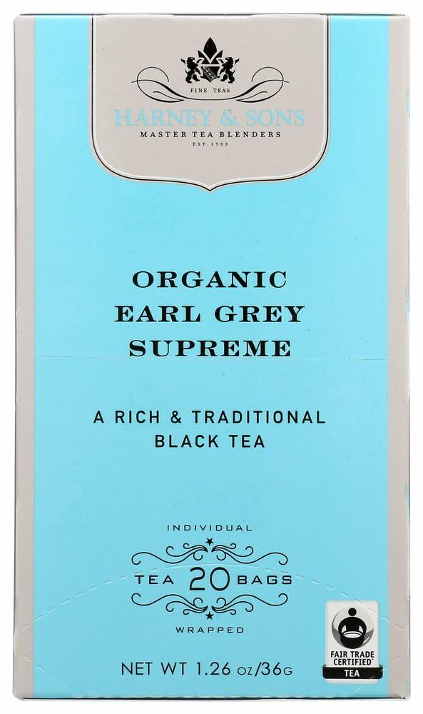 Harney & Sons Premium Tea, Organic Earl Grey Supreme Black Tea, Individually Wrapped Tea Bags, 20/box