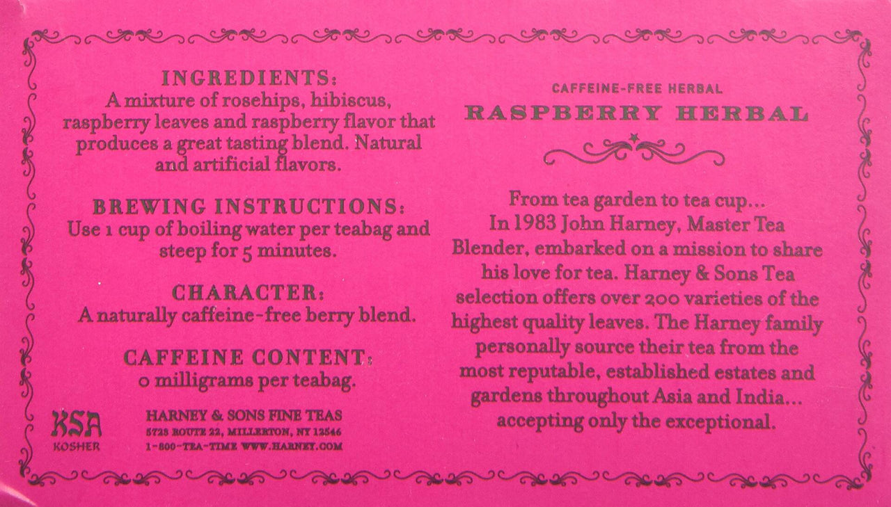 Harney & Sons Raspberry Tea, Caffiene Free Herbal, Red, 50 Count